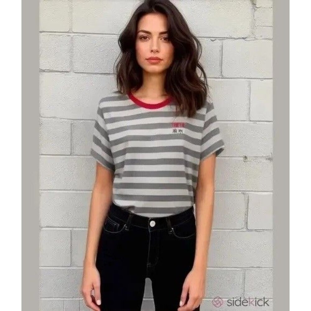 Urban Outfitters Medium Neon Riot Tokyo Stripe Tee Grey Short Sleeve Cotton NWT